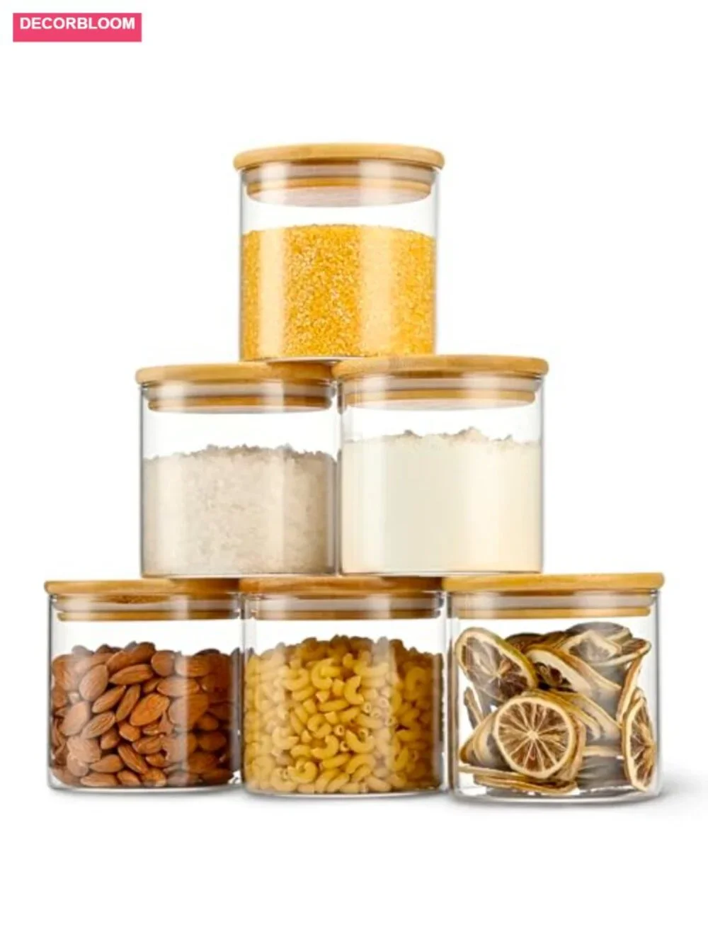Set of 6 Airtight Glass Storage Jars with Bamboo Lids, 22oz Kitchen Canisters